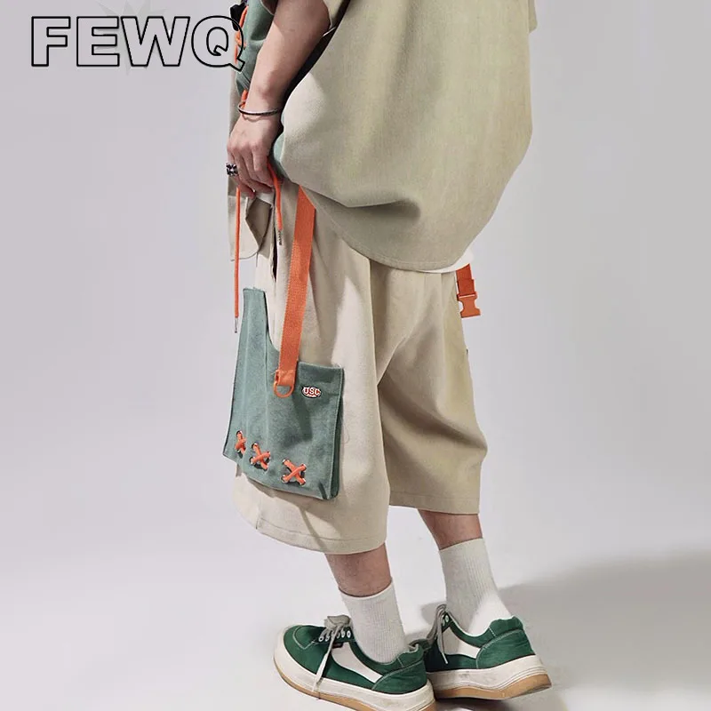 

FEWQ Patchwork Men's Calf-length Cargo Pants Japanese Style Male Overalls Shorts Multi Pocket Lace Up Hip Hop Trendy New 24B2580