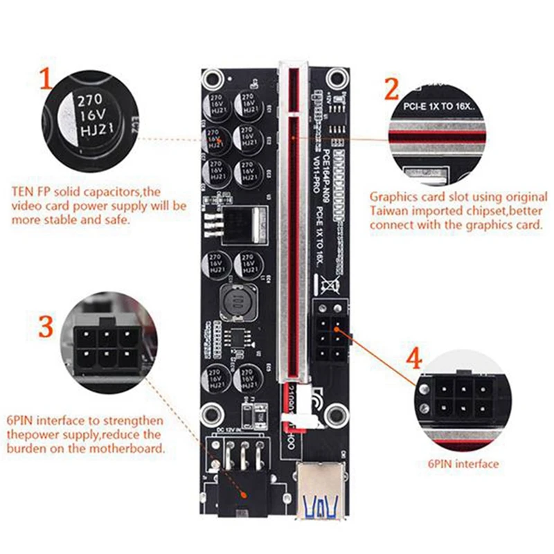 

6 Pcs PCIE Adapter Card VER011 PRO Graphics Card Extension Cable Set PCI-E 1X To 16X USB 3.0 Adapter Card For BTC Mining