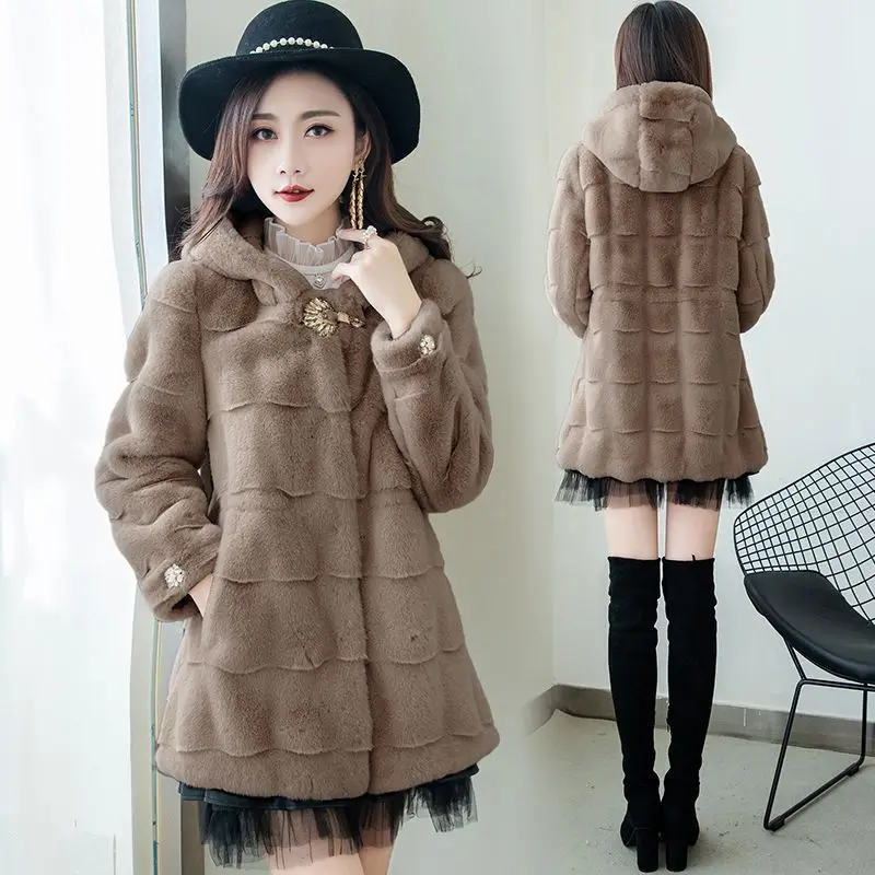 Winter Jacket Women 2022 New Mid Long Slim Faux Fur Coat Hooded Thick Mink High Quality Fashion Tops Solid Black Famale Clothing