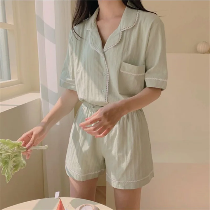 Korean Green Summer Pajamas Set Women Single Breasted Shirts + Shorts Set Two Piece Home Suit Cotton Sweet Lace Sleepwear