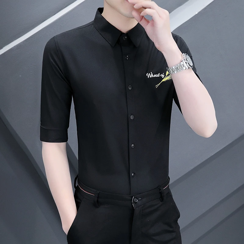 

Men's High-end Short Sleeve Shirt Summer Thin Embroidery Ice Silk Inch Shirt Business High-end Slim Middle Sleeve Shirt Tide 3XL