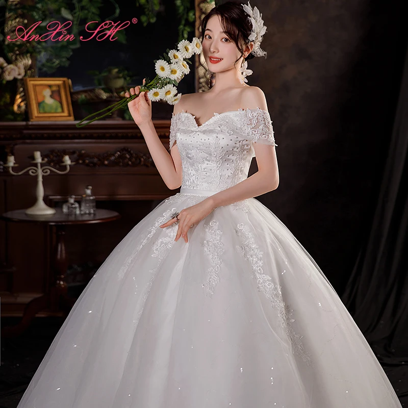 

AnXin SH princess white flower lace wedding dress fashion boat neck beading pearls bride ball gown sparkly lace up wedding dress