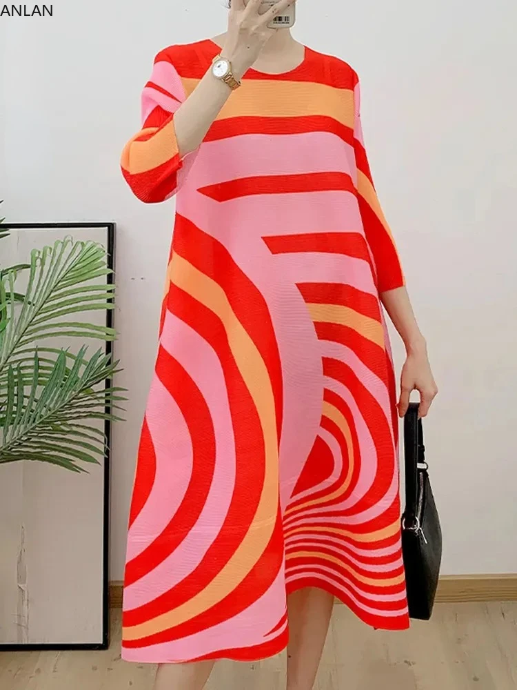 

Женское плиссированное платье в полоску ANLAN, повседневное свободное платье с круглым вырезом и длинными рукавами, модель 5KR2917, 2023