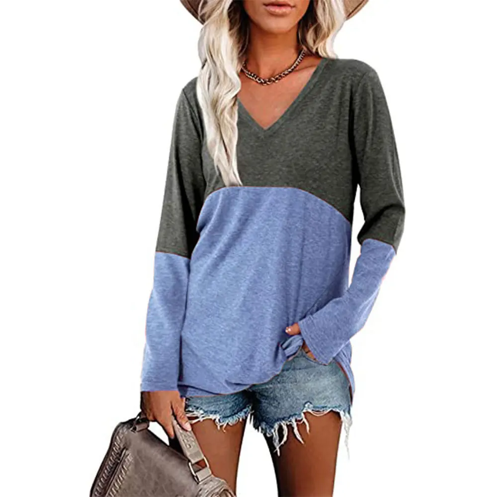 Women's 2022 Autumn and Winter New Color Contrast Stitching V-neck Long-sleeved Loose T-shirt Top Women Feminist Shirt