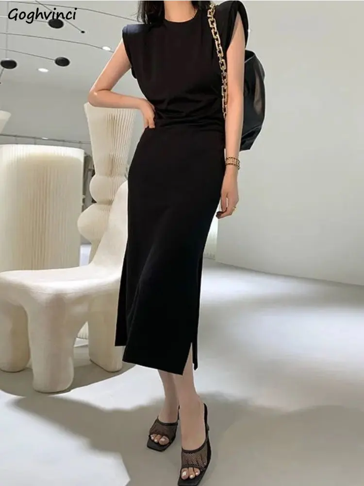 

Черные сексуальные женские платья с Боковым Разрезом, женское темпераментное облегающее модное классическое летнее платье Ulzzang с высокой талией и круглым вырезом в Корейском стиле