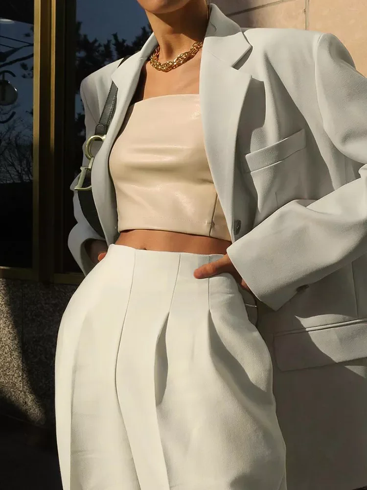 

NEW 2023 Elegant Office Trousers Women Autumn High Waist Pleated Pants Ladies Work Trousers Fashion Beige Pants With Pockets