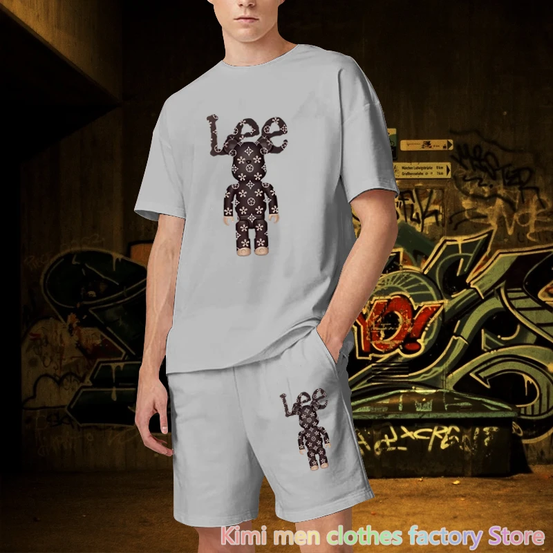 Cotton 2 pieces set Men Short Sleeve T-shirt Shorts Tracksuit Jogging suit Summer tshirt set Bear printing men Short Outfits set