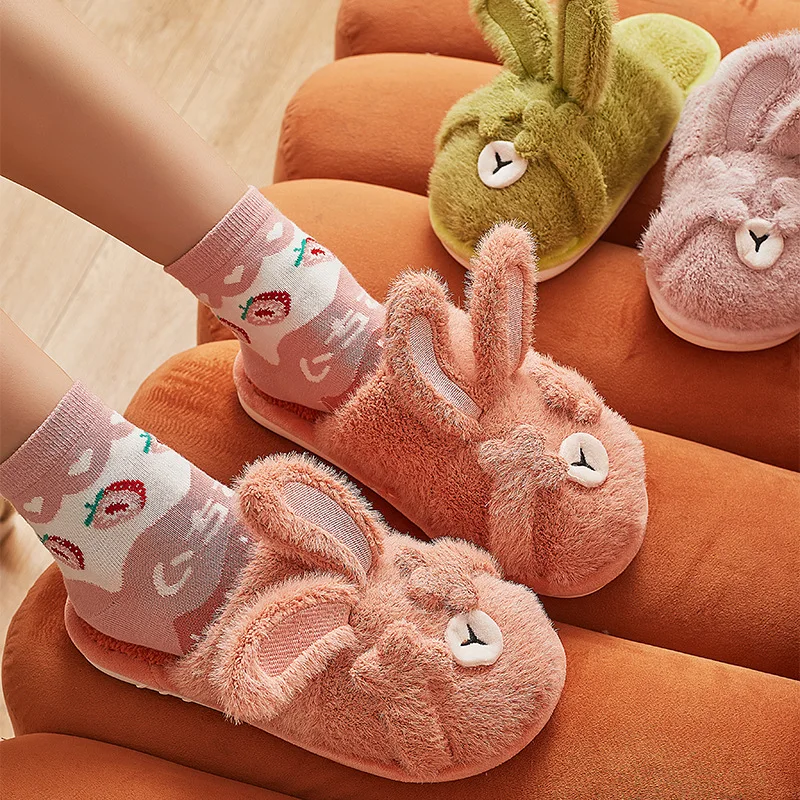 

Women Man Cartoon Rabbit Slippers Warm Fur Short Plush Strange Things Funny Slipper Memory Foam Winter House Soft Slides Shoes