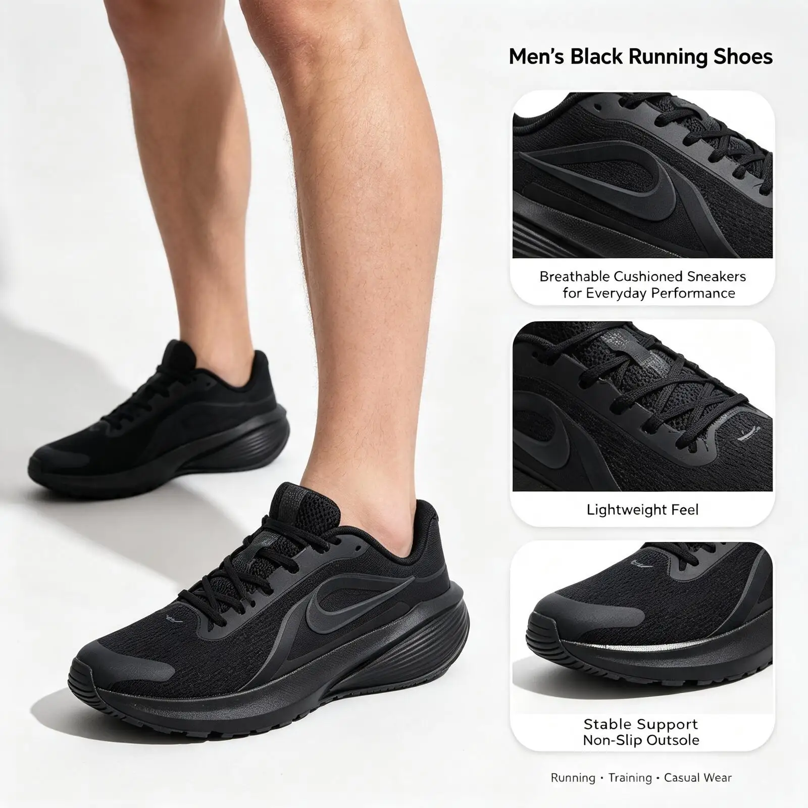 Фото Мужские кроссовки Nike черного цвета: дышащие, с амортизацией, нескользящие, спортивные, для повседневной ходьбы. №1