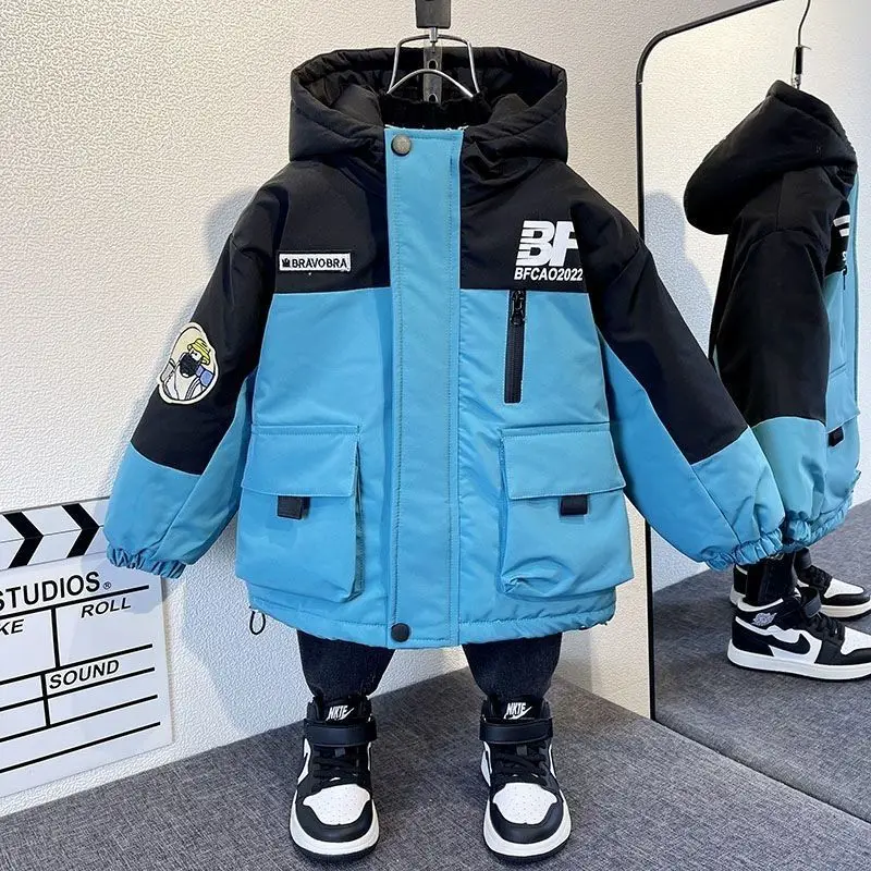 

Winter Contrast Baby Boys Alphabet Hooded Warm Fleece Lined Snow Jackets School Kids Parka Child Outfit Therme Top Coats 1-10Yrs