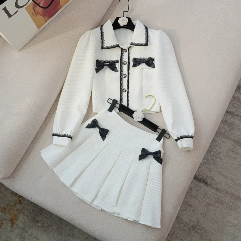 

Spring Fall Small Fragrance Two Piece Set Women Crop Top Bow Short Jacket Coat + Pleated Skirts Sets Korean Sweet 2 Piece Suits