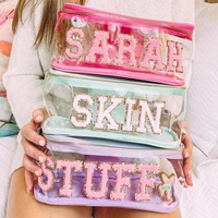 stock pvc clear personalized embroidery letter patch customized women girls cosmetic toiletry gift nylon travel cosmetic bag
