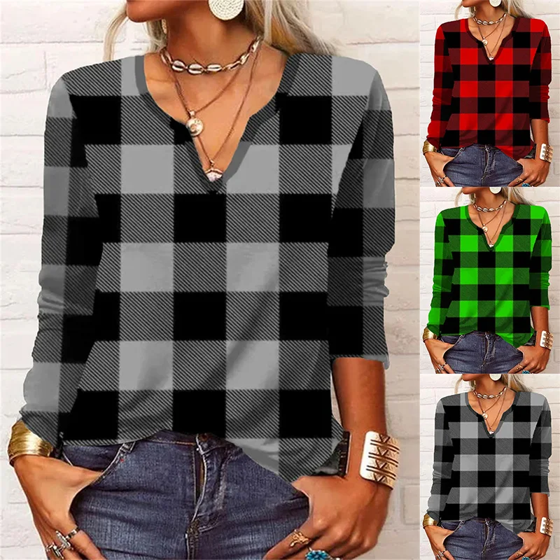 

Spring loose long sleeve plaid V-neck T-shirt Undercoat Women's Fashion Casual Commuter Versatile Top Female Lady Shirts