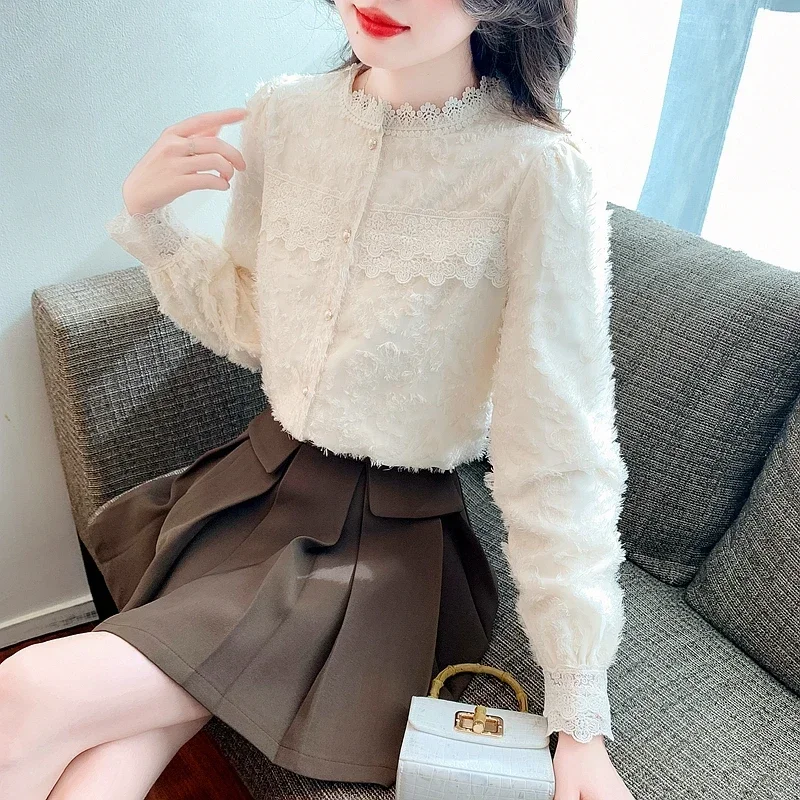 Модная женская рубашка с воротником-стойкой бархатная утепленная кружевная