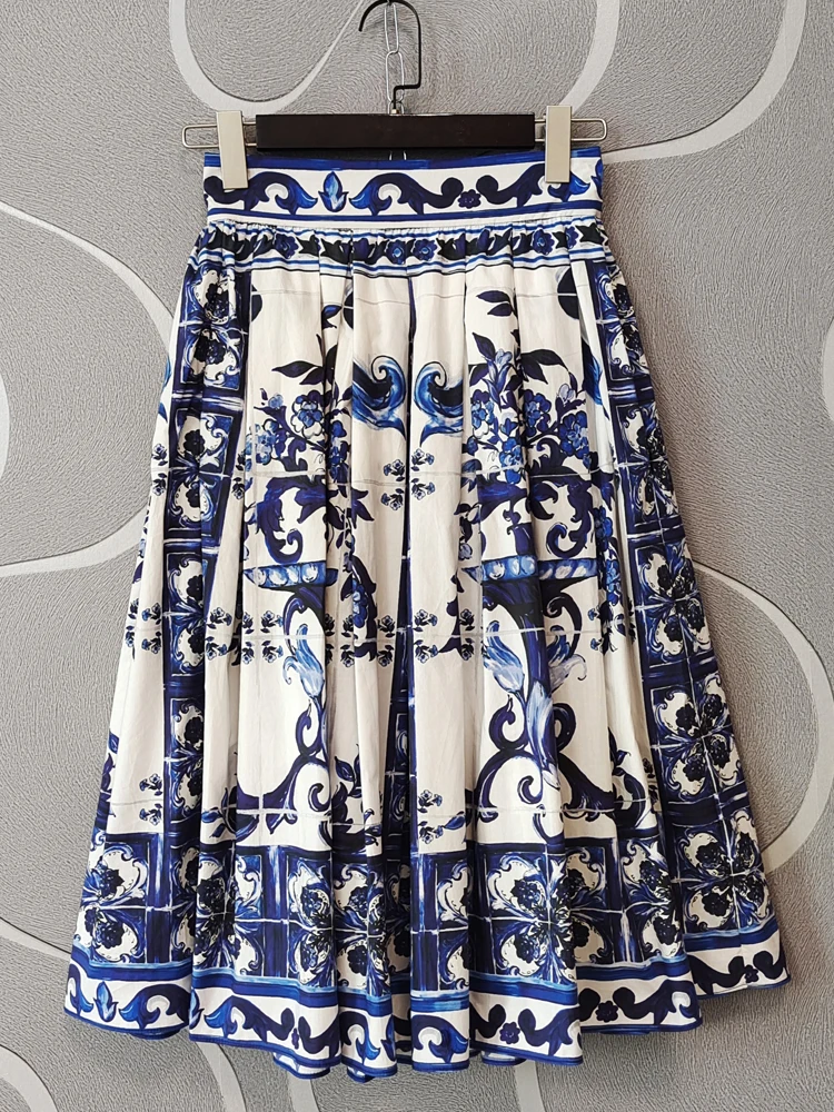 SEQINYY 100% Cotton Skirt Summer Spring New Fashion Design Women Runway High Quality Vintage Blue Flowers Print A-Line Knee