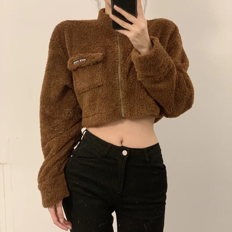 

Fleece Teddy Fur Cropped Coat Female Autumn Winter Long Sleeve Fuzzy Sherpa Jacket Warm Brown Tweed Zipper Jakcets y2k Korean