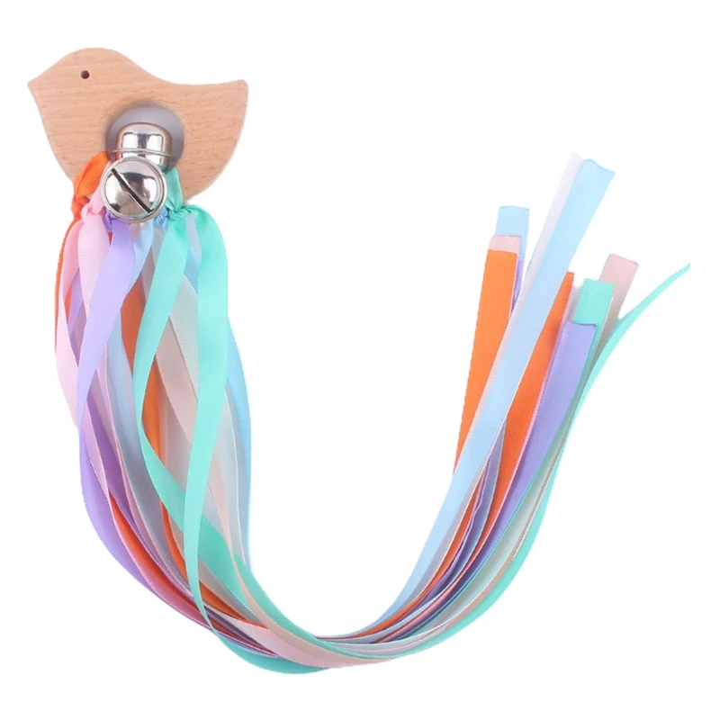 

Rainbow Ribbon Wooden Animal Shape Teething Ring Baby Teether with Bells Rattle Nursing Chewing Teething Bracelet BPA-free QX2D