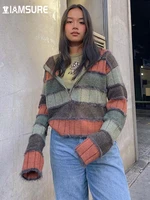 iamsure vintage striped hooded knitted jackets casual streetwear contrast color zipper long sleeve coats women autumn winter