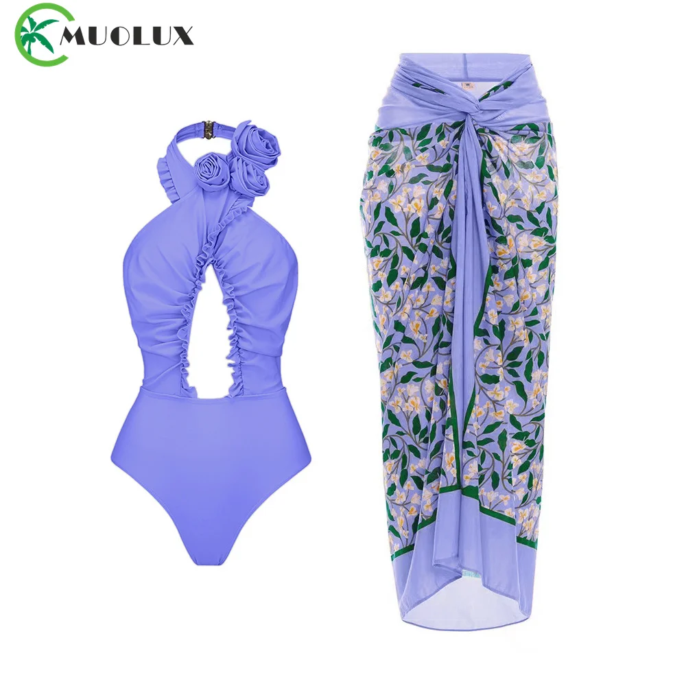 Новинка 2024 Привлекательный Фиолетовый цельный купальник MUOLUX с 3D цветами юбка