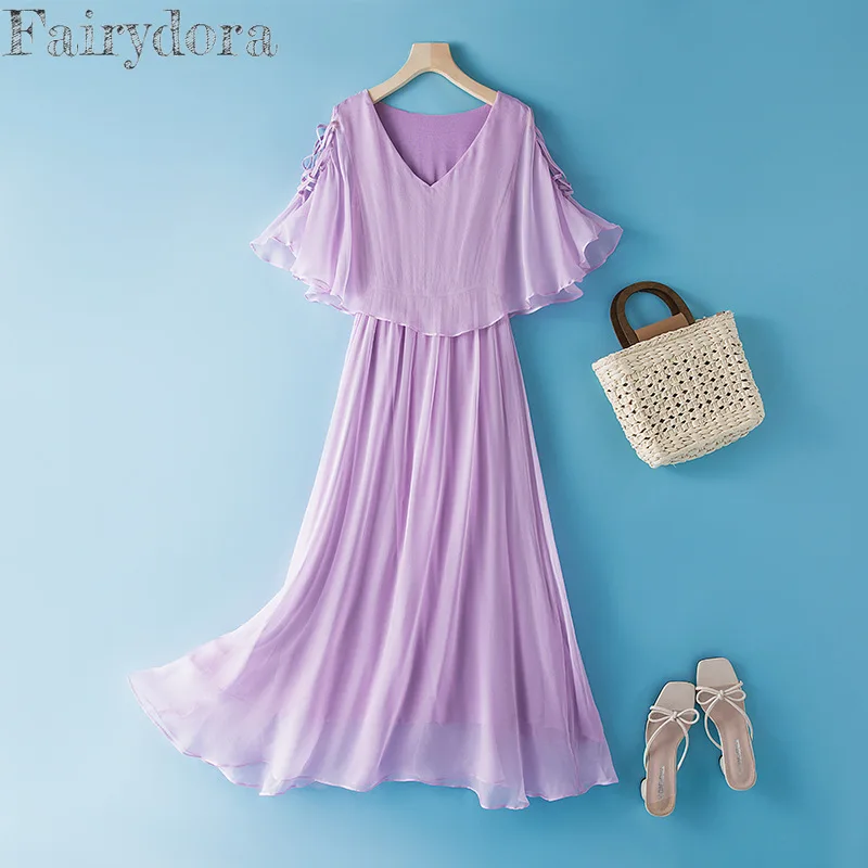 

100% Mulberry Silk Dress for Women Sweetheart Neck Butterfly Sleeve Solid Colour Ruffles Holiday Beach Style Party Dress 28043