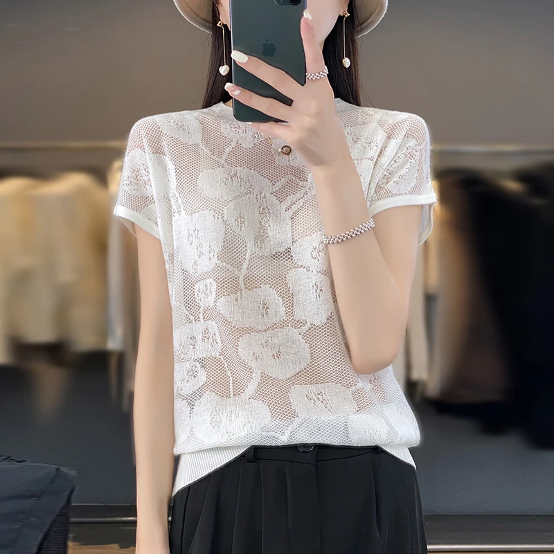 

Женский трикотажный пуловер с коротким рукавом, Повседневная Винтажная футболка в китайском стиле с круглым вырезом и кружевом, весна-лето 2023
