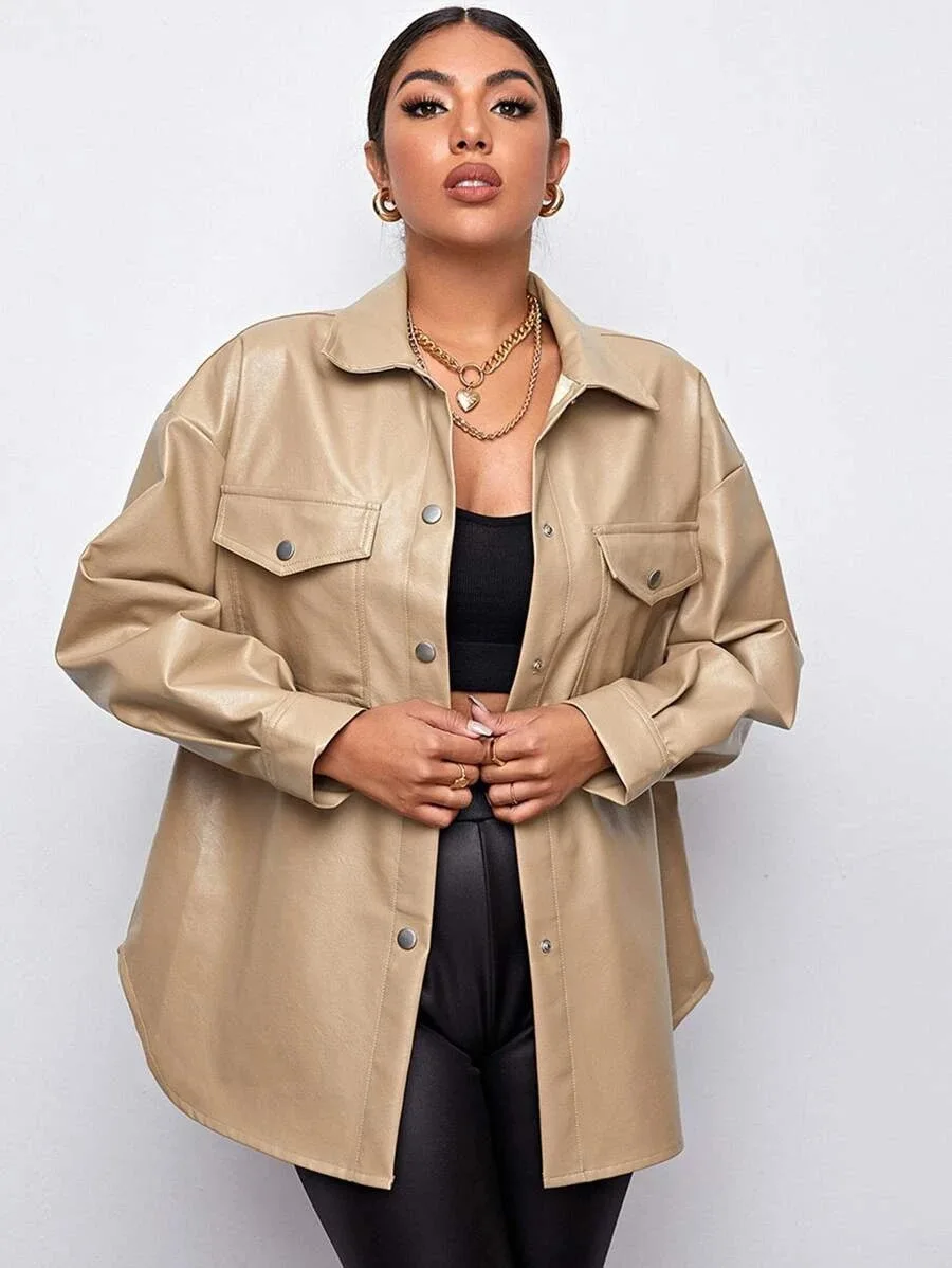 Loose Autumn and Winter Leisure Long-sleeved Motorcycle Leather Buckle Coat Female  Hkani Color Leather Blouse Office Lady