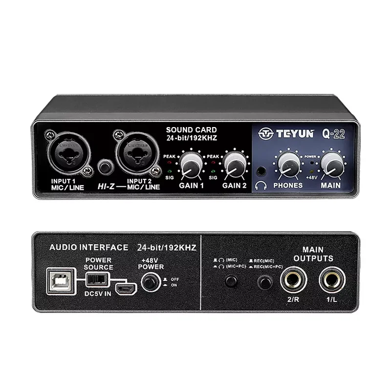 

2022 Audio Interface 24 Bit/192 Khz 2x2 USB Sound Card Mic Preamplifier Support Mic guitar bass Computers Recording Teyun