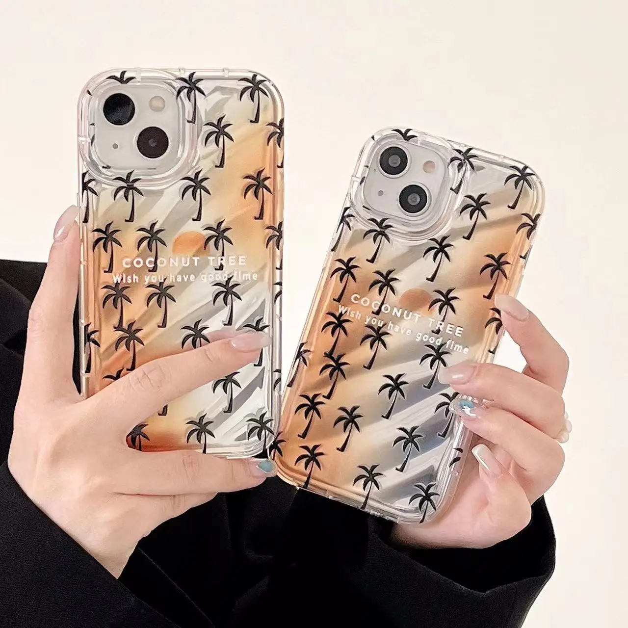

Laser Coconut Tree Phone Case For iphone 11 12 13 14 Pro Max 14Plus X XS XR Max 7 8 Plus Yellow Wave Pattern TPU Soft Back Cover
