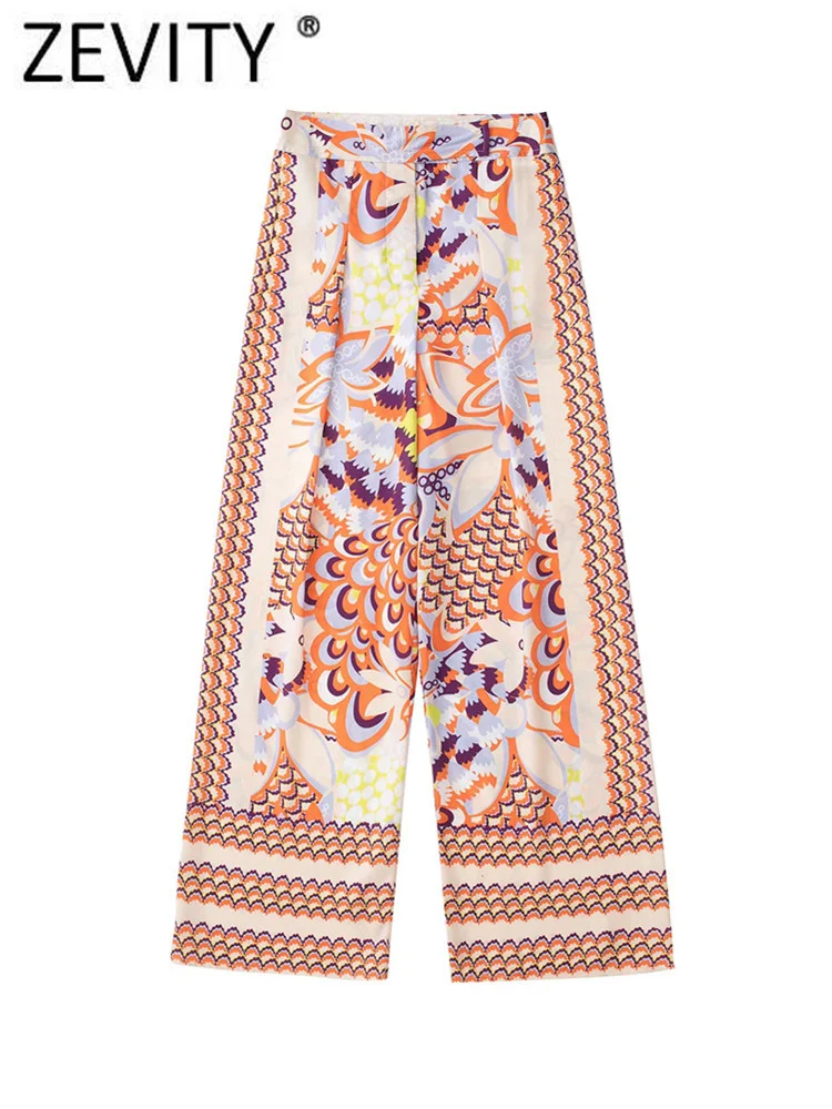 

Zevity 2022 Women Vintage Position Floral Print Wide Leg Pants Female Chic Zipper Fly Casual Long Trousers Pantalones Mujer P685