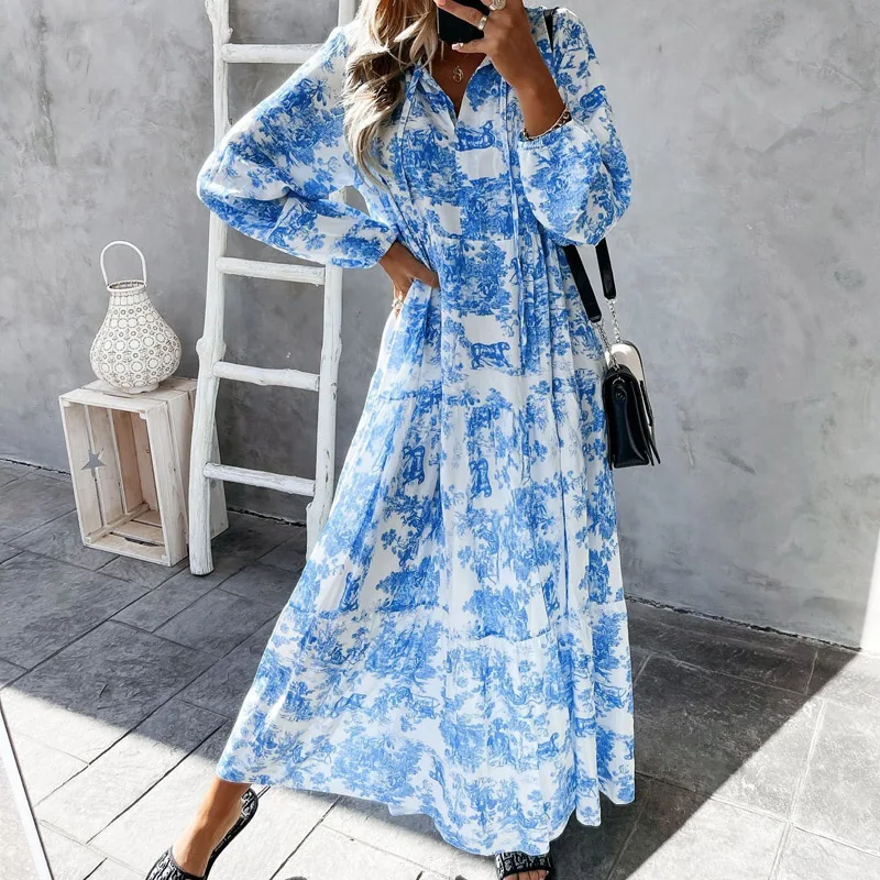 

Elegant Lace-Up Drawstring Dress New Summer Fashion Flower Print Long Sleeve Party Dresses Beach Casual V Neck Loose Maxi Dress