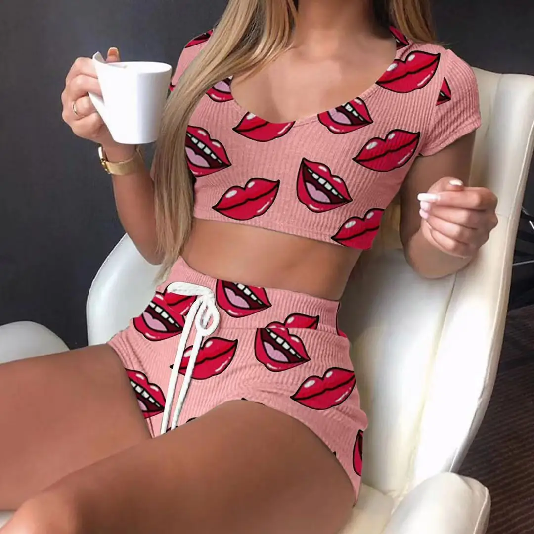 

HOT Pyjamas Women Camisole Sleep Wear Women Pajamas Heart Lips Print Nightgown Ruffled Flounce Shorts Lingerie Set Home