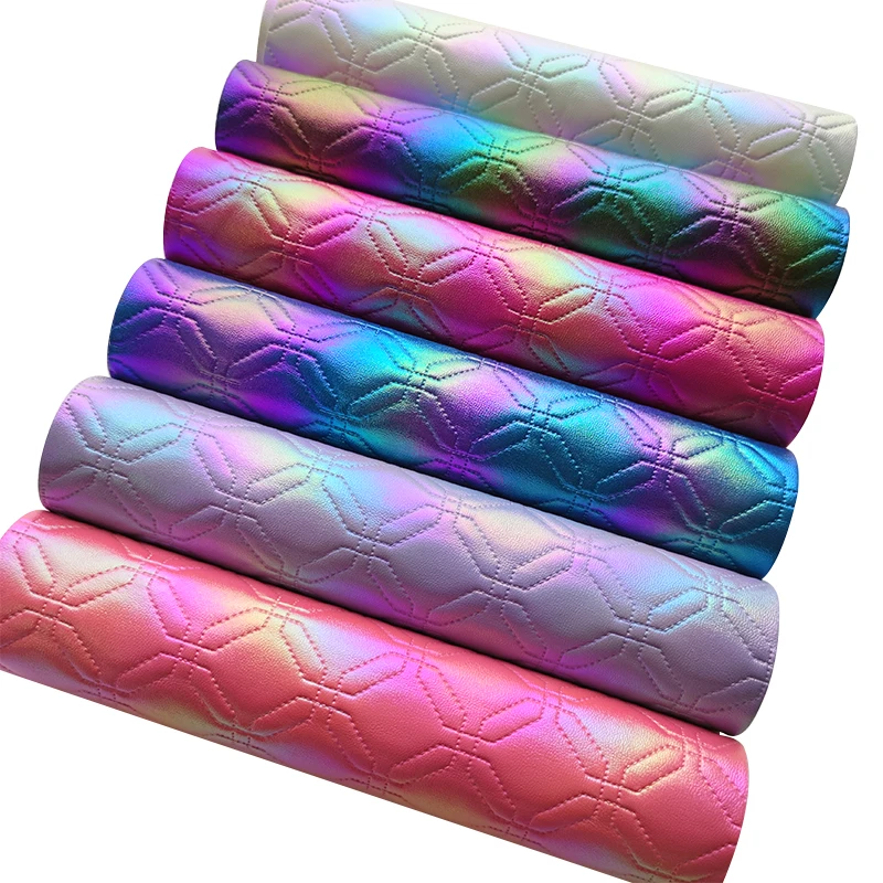 

Rainbow Iridescent Embossed Quilted PU Faux Leather Fabric Sheet for Making Shoe/Bag/Purse/Cover/Sofa/Craft/Decoration Sewing