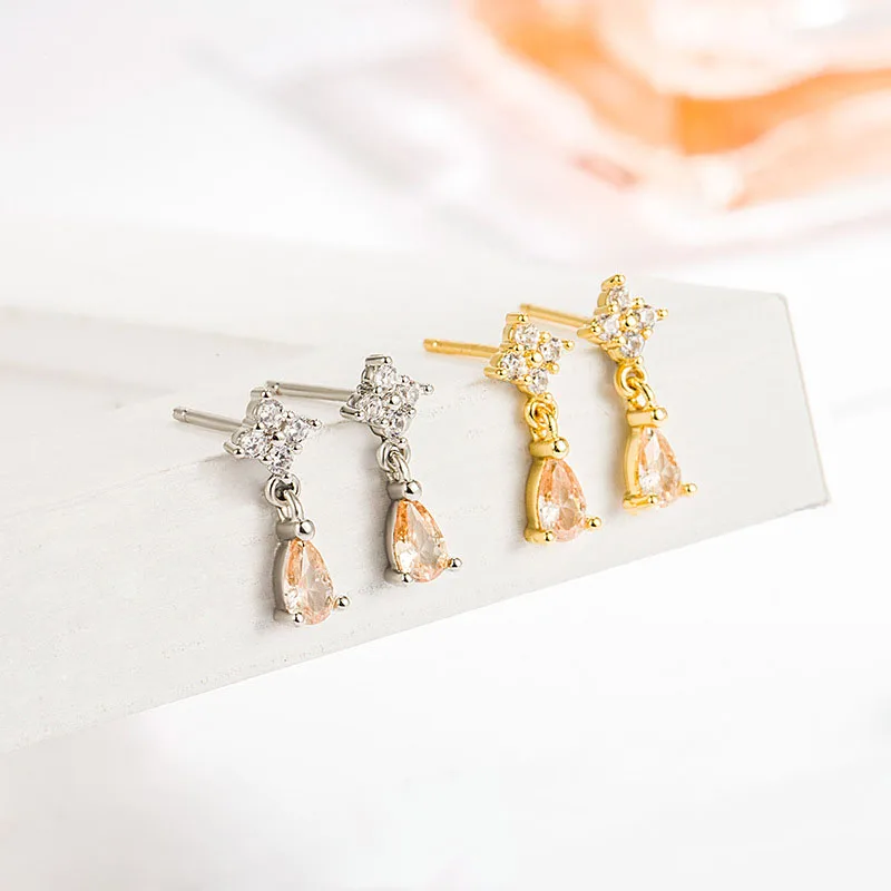 

KOFSAC Exquisite Crystal Orange Water Droplet Stud For Women 925 Silver Earring Cute Small Geometric Earrings Jewelry Lady Gift
