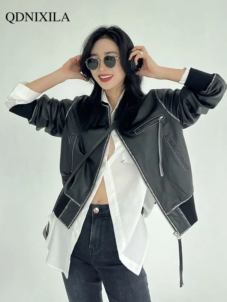 Baseball Collar White Lacquer Tie Dyeing Leather Jacket Women High Imitation Sheepskin Jackets Women's Moto Biker Zipper Jacket