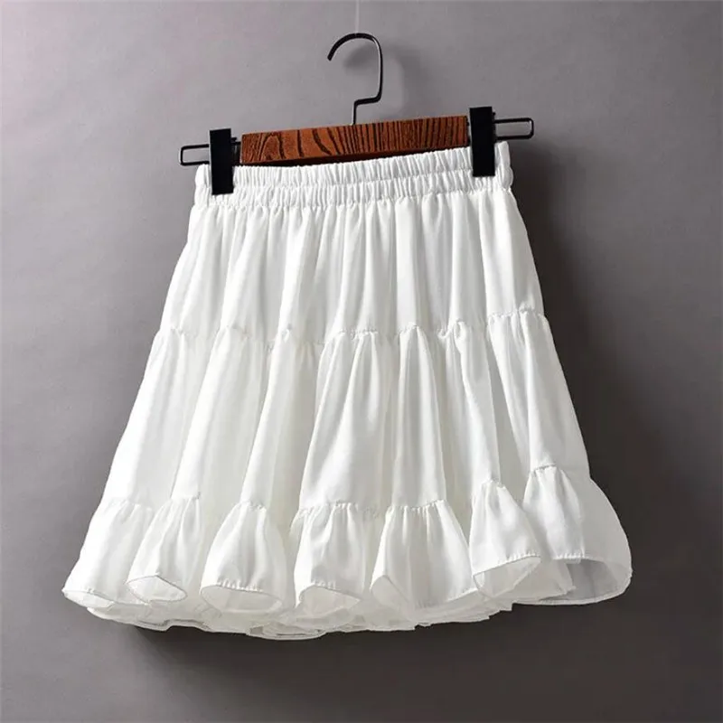 Summer Women Chiffon Skirt Ladies High Waist Solid Color Puff Ruffled Cake Skirt Korean Womens Splicing Pleated Skirt