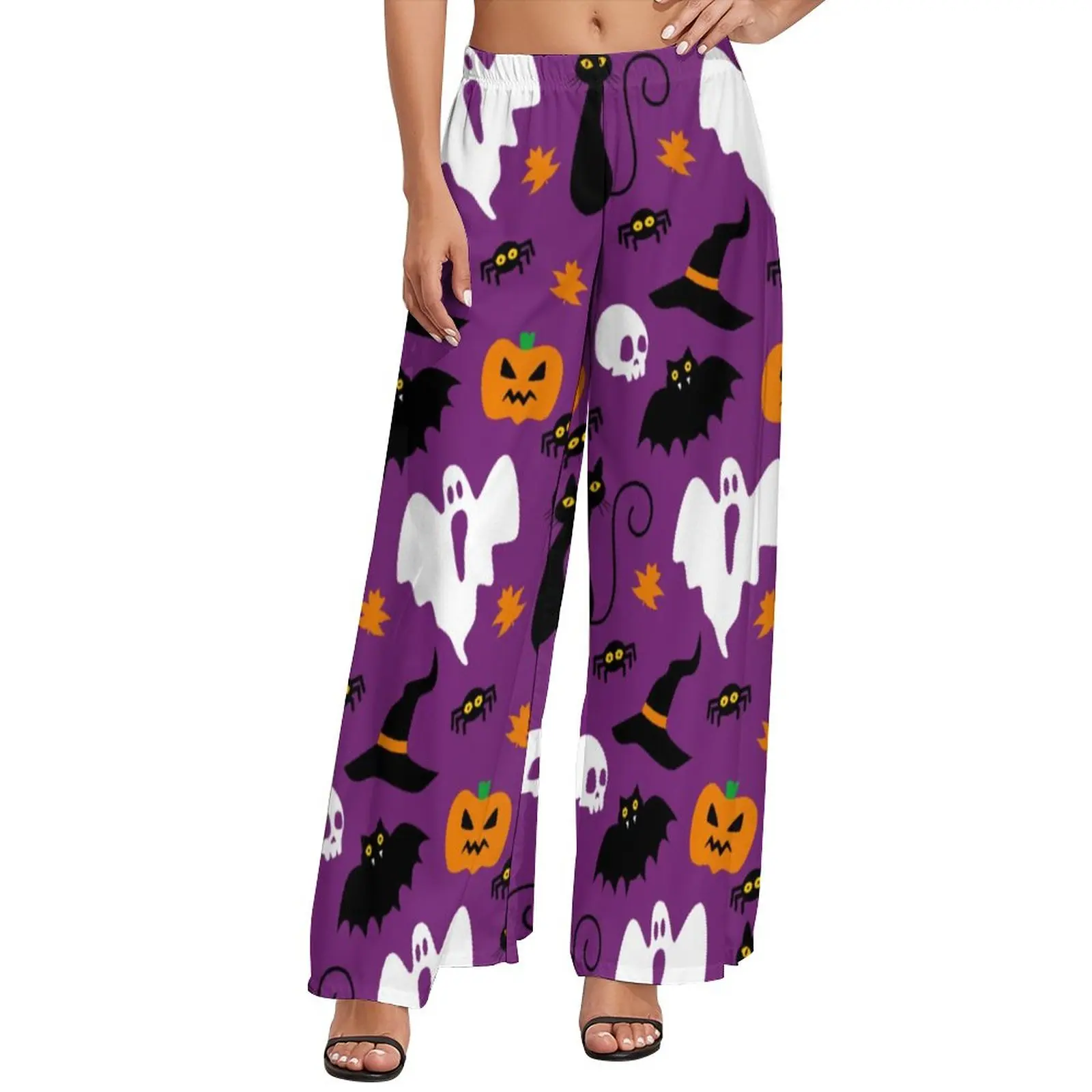 

Cute Halloween Pants High Waist Ghost And Skull Print Office Trousers Streetwear Printed Wide Pants