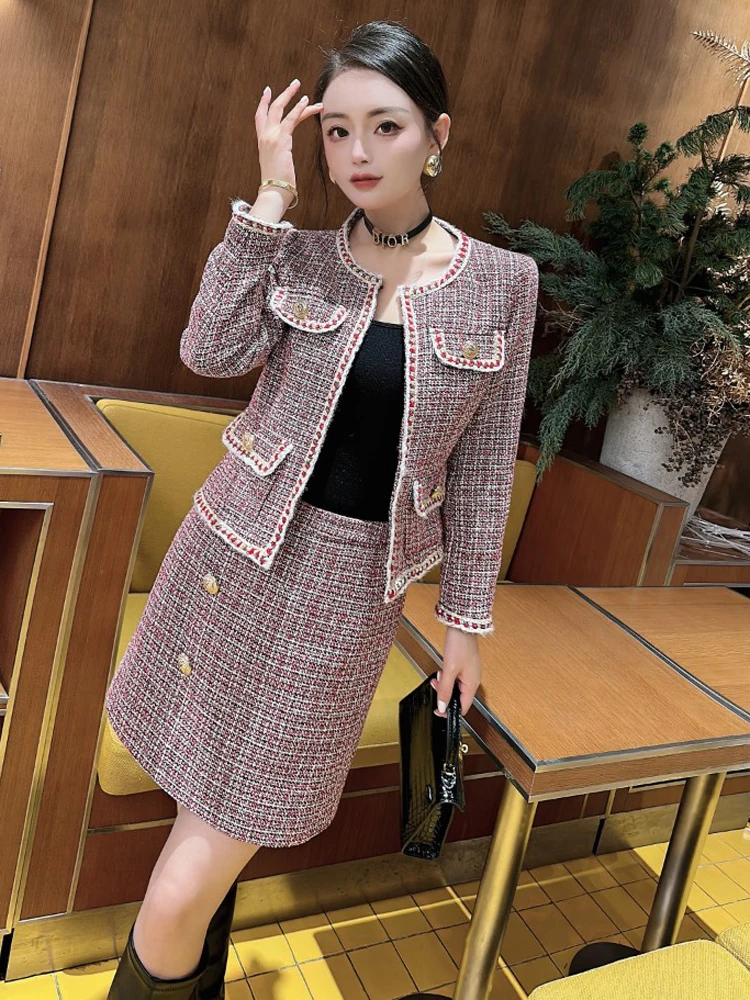 

ZJYT Fashion Designer Tweed Woolen Jacket Skirt Suit Winter 2 Piece Womens Outfits Elegant Vintage Plaid Office Party Dress Set