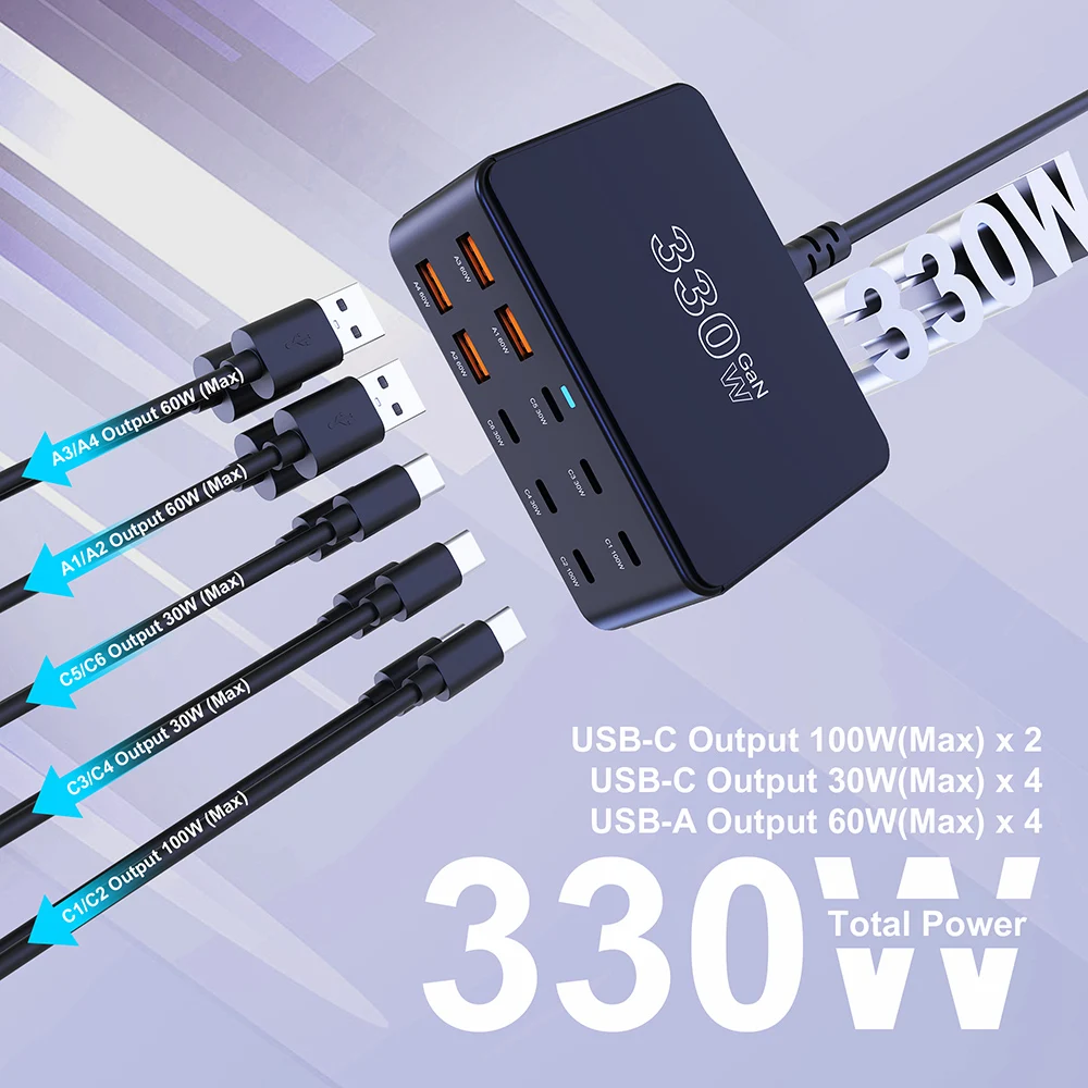 Зарядное устройство GaN мощностью 330 Вт USB C Быстрое настольное 10-портовое зарядное