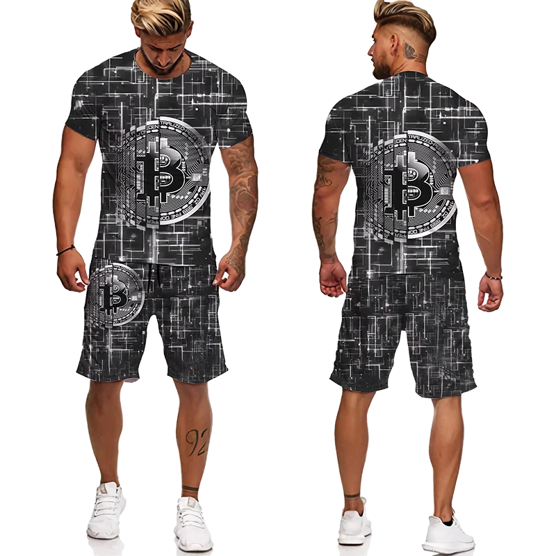 Summer Bitcoin Series Tracksuit Crew Neck Sets 3D Digital Printing T-shirt Men's Punk Trendy Breathable Shorts Camping Wild Suit images - 6