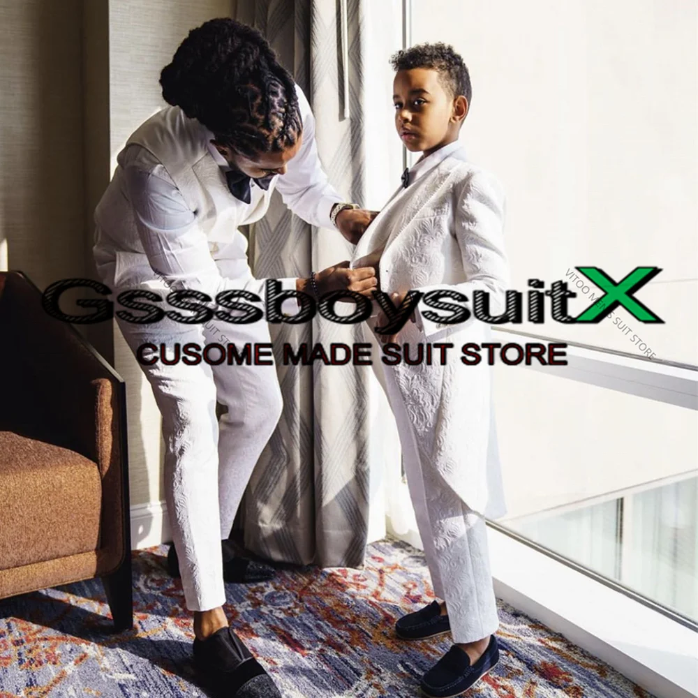 

White Jacquard Boy Suit Wedding Tuxedo Long Jacket Set Three Piece Formal Blazer Pants Vest Custom Suits
