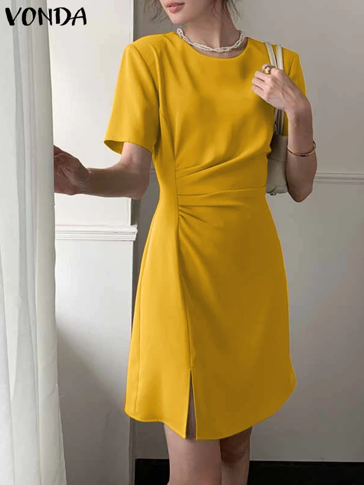 

Women Pleated Dress 2022 VONDA Stylish Party Vestidos Female Casual Round Neck Short Sleeve Mini Dress Femininas Robe Femme