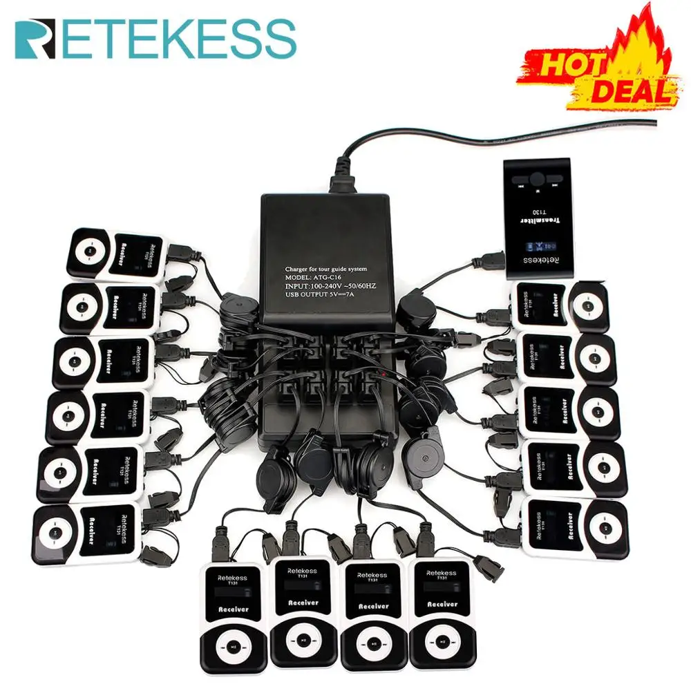 Retekess-sistema de guía de viaje T130, transmisor inalámbrico + 15 receptores para excursión, fábrica, entrenamiento, iglesia, traducción, ciclismo
