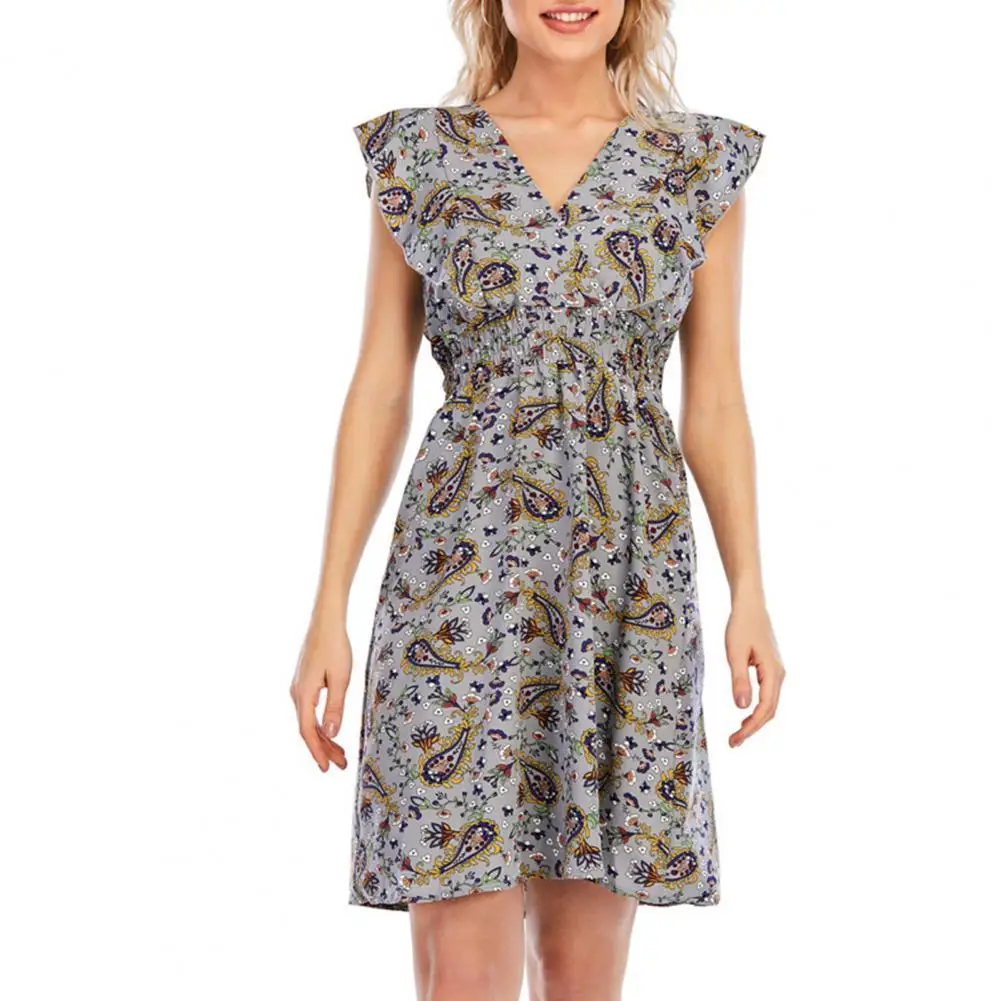 

Summer Women Sleeveless V Neck Dress Ruffle Printed Dress for Wedding Women's Clothing