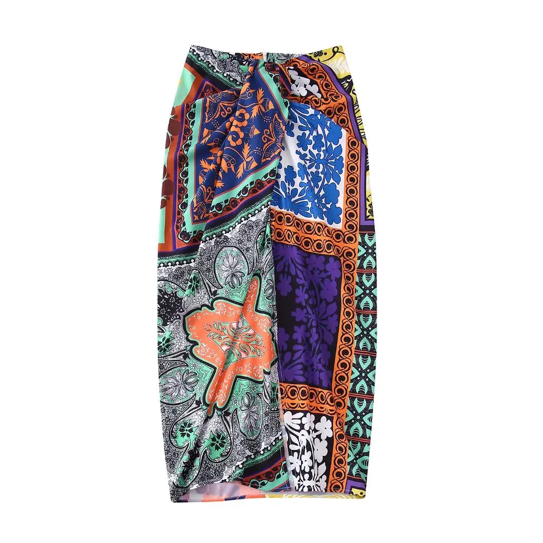 

2022 Women Knot Ornament High Waist Side Printed Stripe Skirt Vintage Female Skirts Mujer