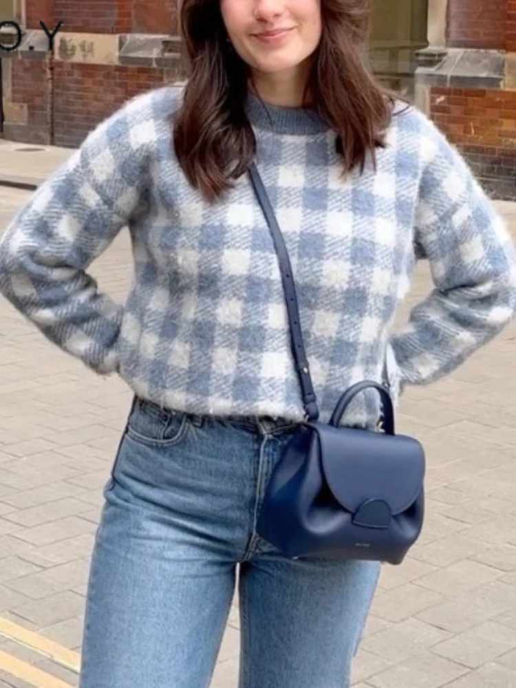 

Винтажный Свободный вязаный клетчатый свитер, женские осенне-зимние пуловеры в шахматную клетку с длинным рукавом, женские повседневные голубые Джемперы в стиле Харадзюку