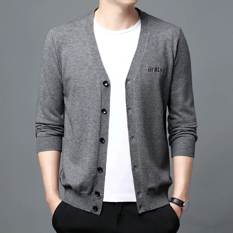 

men's V-neck solid color cardigan 2022 autumn new men's casual long sleeve sweater knitted sweater fashion men's jacket