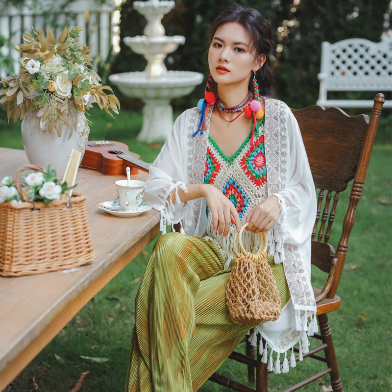 

Seaside vacation sunscreen cardigan white embroidered Chiffon tassel medium and long coat with loose air conditioning shirt