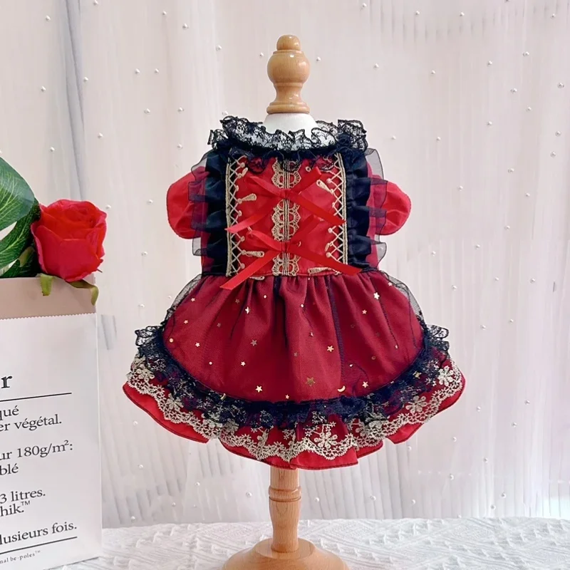 

Red Palace Style Pet Dog Clothes Poodle Outerwear Handmade Cotton Lace Party Princess Dress For Small Medium Dog Puppy Clothing
