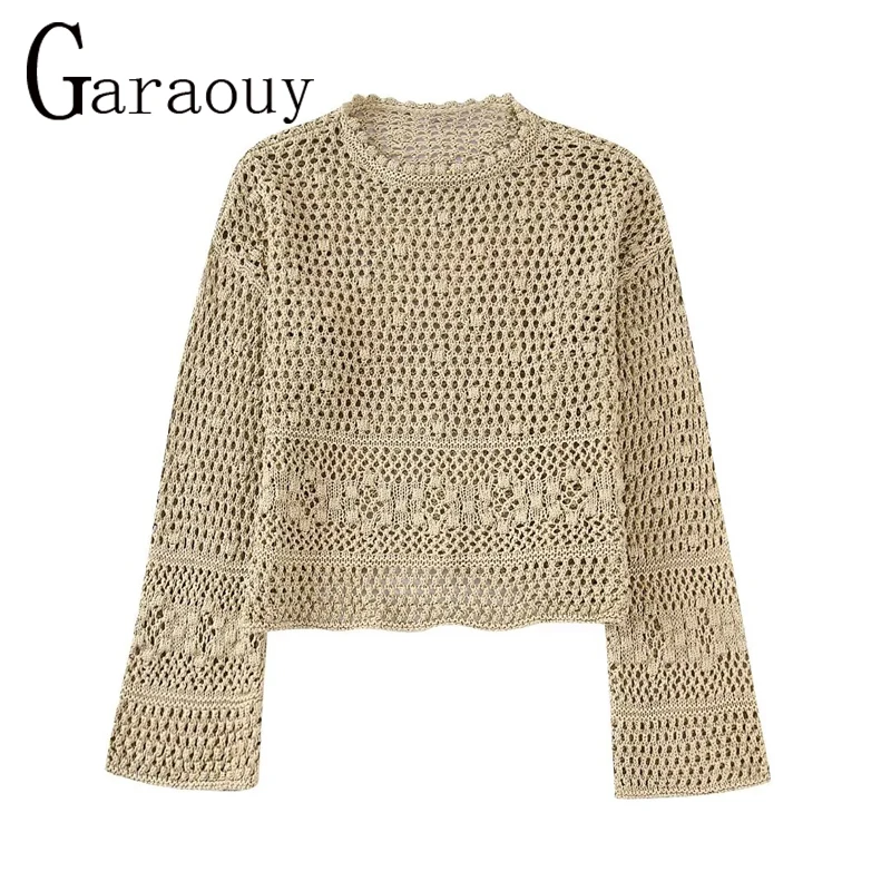

Garaouy 2022 Autumn New Women Chic Crochet Knit O Neck Crop Top Female Thin Hollow Loose Sweater Pullover Streetwear Smock Mujer