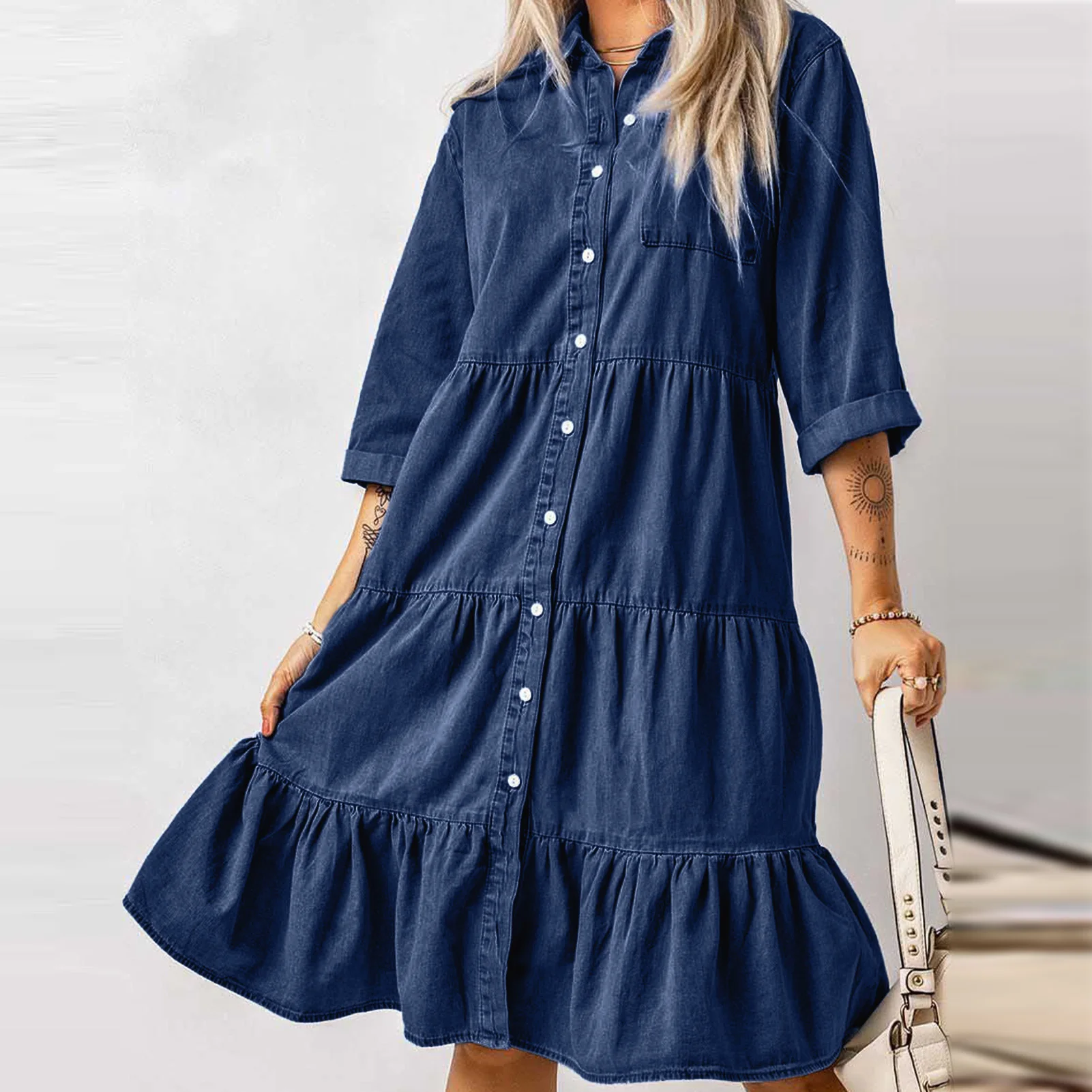 

Женское однобортное джинсовое платье-рубашка, свободное повседневное однотонное платье с рукавом три четверти и отложным воротником, присборенное платье